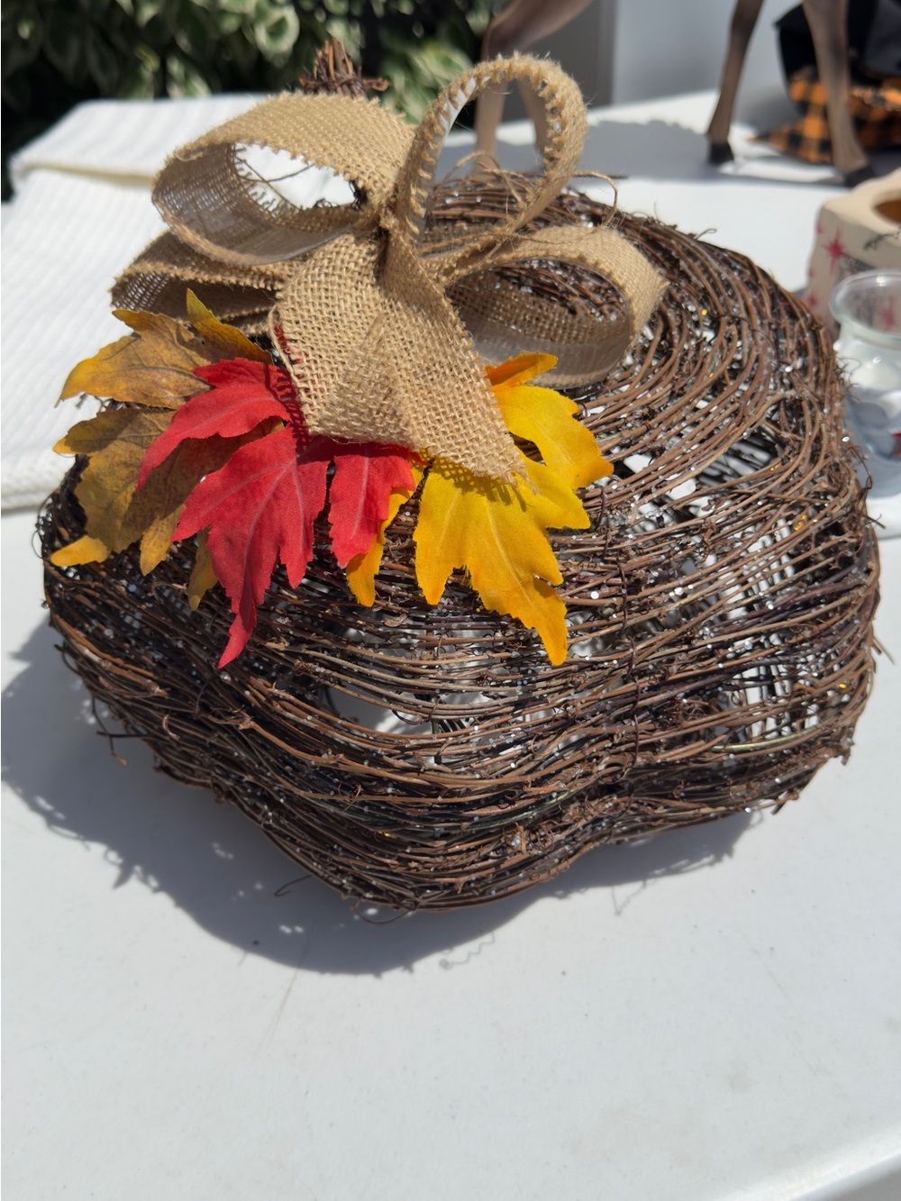 Handwoven Grapevine Pumpkin with Burlap Bow and Fall Leaves Light up - Picture 3 of 7